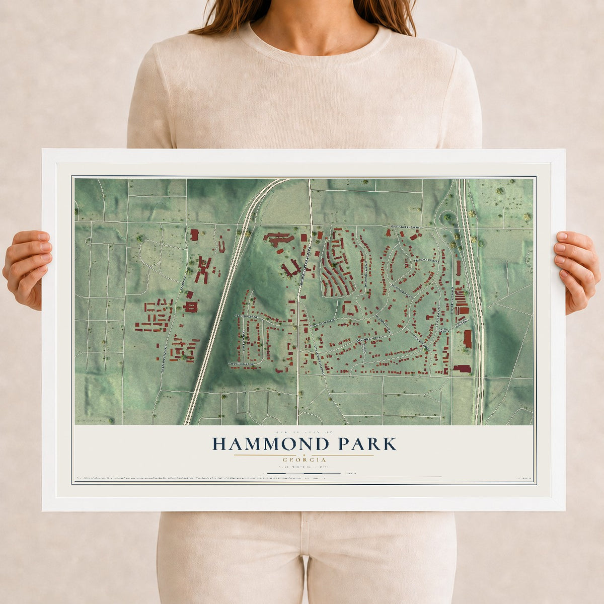 Hammond Park, Georgia map print, 12" x 18" W/ White Ayous Wood Frame mockup