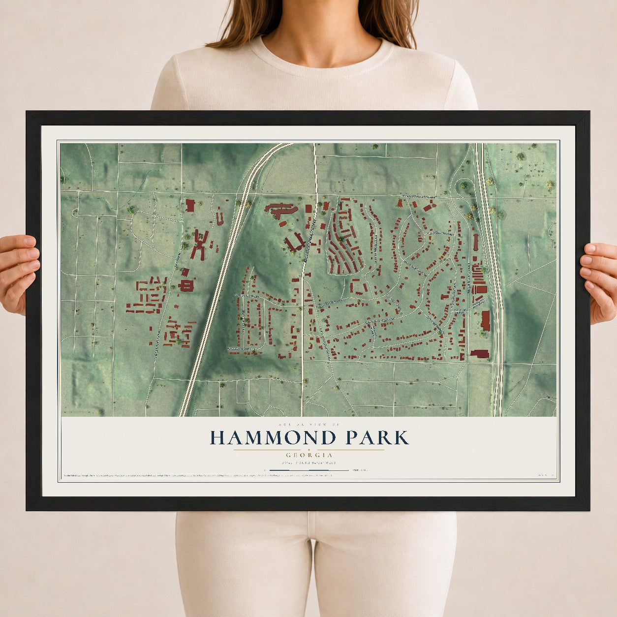 Hammond Park, Georgia map print, 18" x 24" W/ Black Ayous Wood Frame mockup