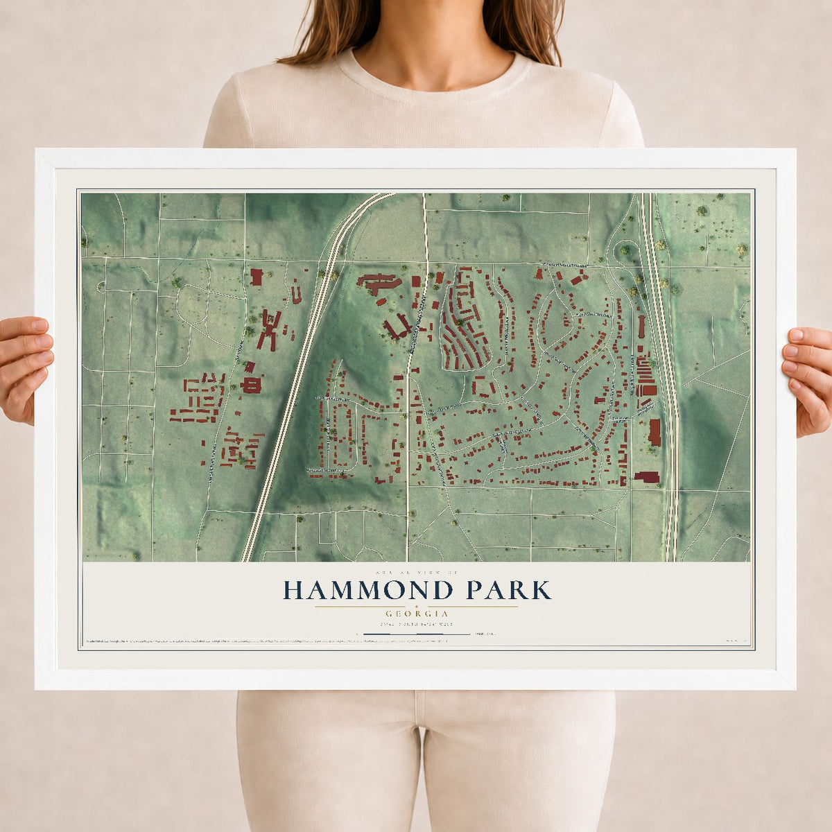 Hammond Park, Georgia map print, 18" x 24" W/ White Ayous Wood Frame mockup
