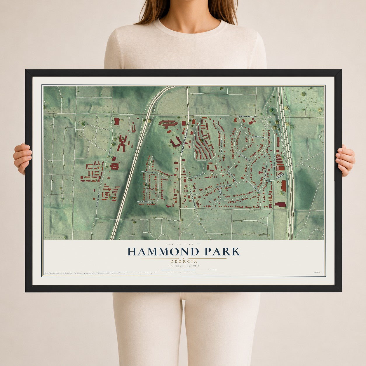 Hammond Park, Georgia map print, 24" x 36" W/ Black Ayous Wood Frame mockup