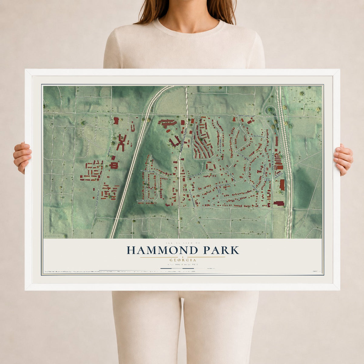 Hammond Park, Georgia map print, 24" x 36" W/ White Ayous Wood Frame mockup