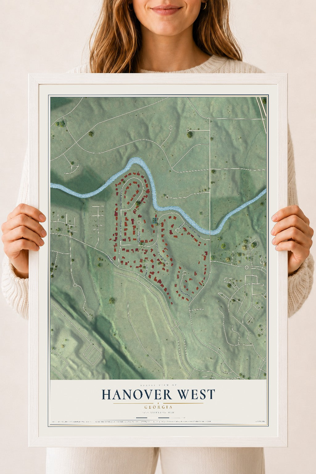 Hanover West, Georgia map print, 18" x 24" W/ White Ayous Wood Frame mockup