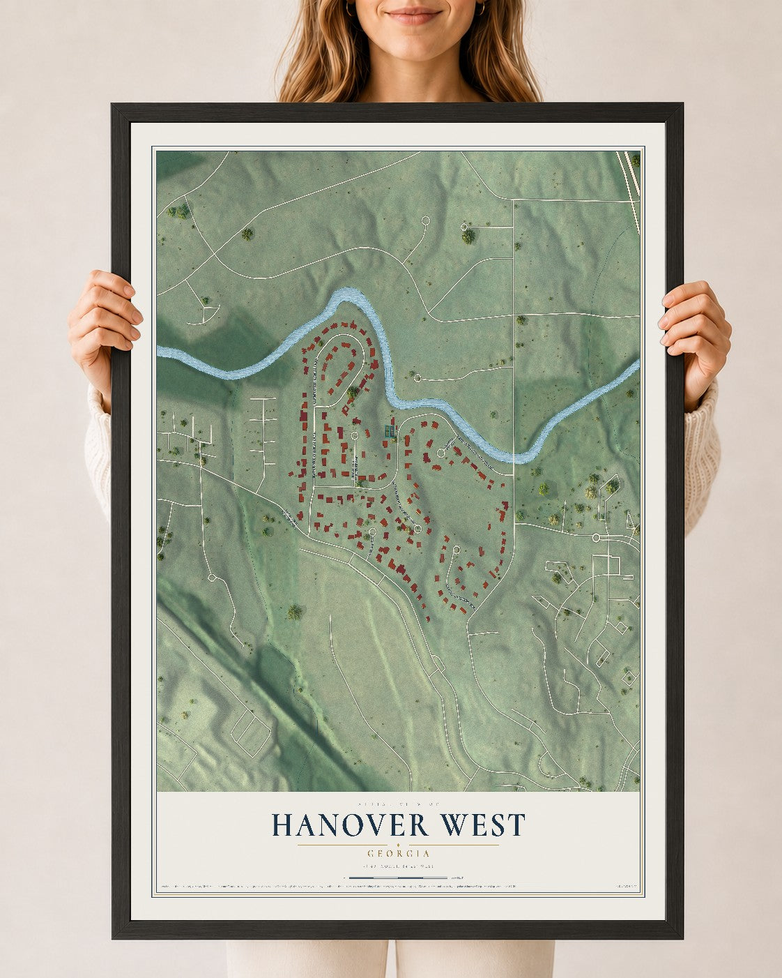 Hanover West, Georgia map print, 24" x 36" W/ Black Ayous Wood Frame mockup