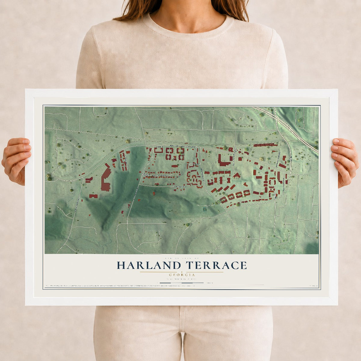 Harland Terrace, Georgia map print, 12" x 18" W/ White Ayous Wood Frame mockup