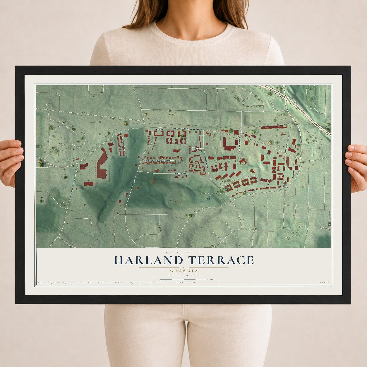Harland Terrace, Georgia map print, 18" x 24" W/ Black Ayous Wood Frame mockup