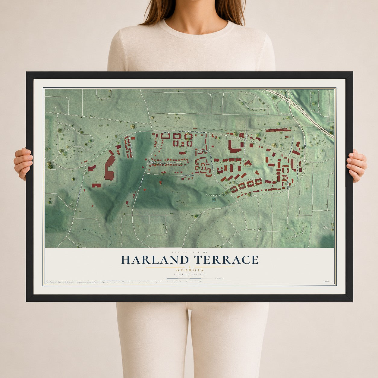 Harland Terrace, Georgia map print, 24" x 36" W/ Black Ayous Wood Frame mockup