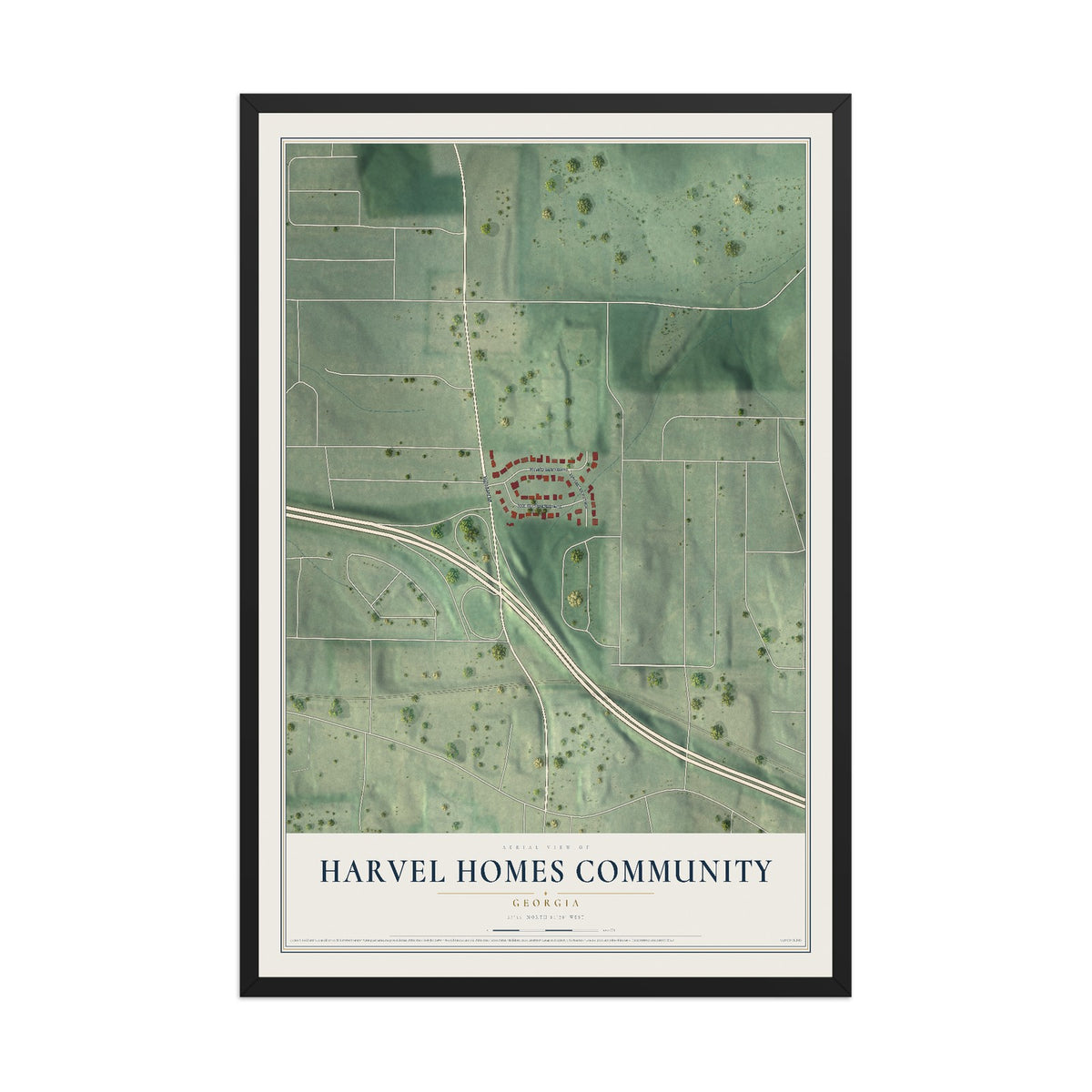 Harvel Homes Community, Georgia map print, 12" x 18" W/ Black Ayous Wood Frame mockup