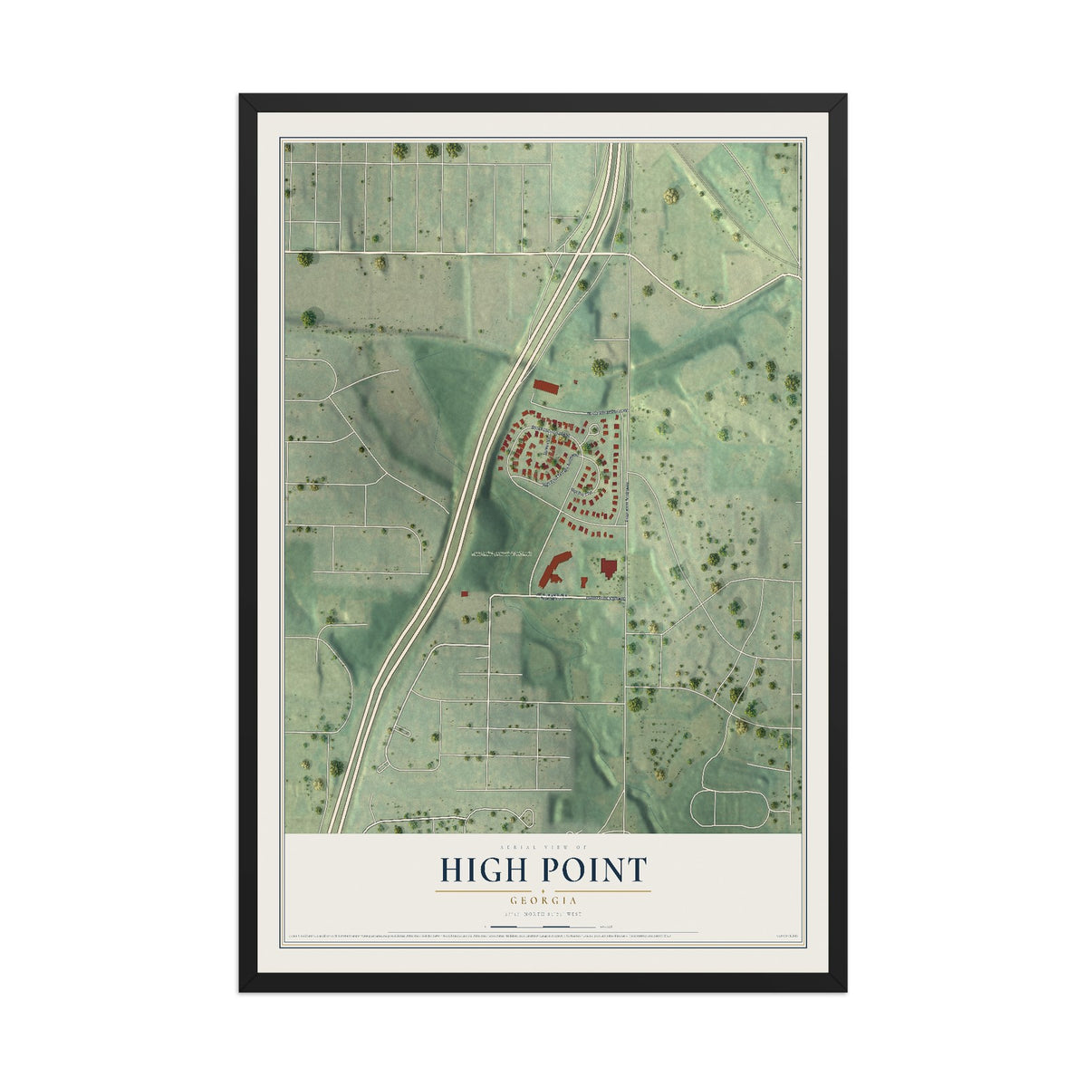 High Point, Georgia map print, 12" x 18" W/ Black Ayous Wood Frame mockup