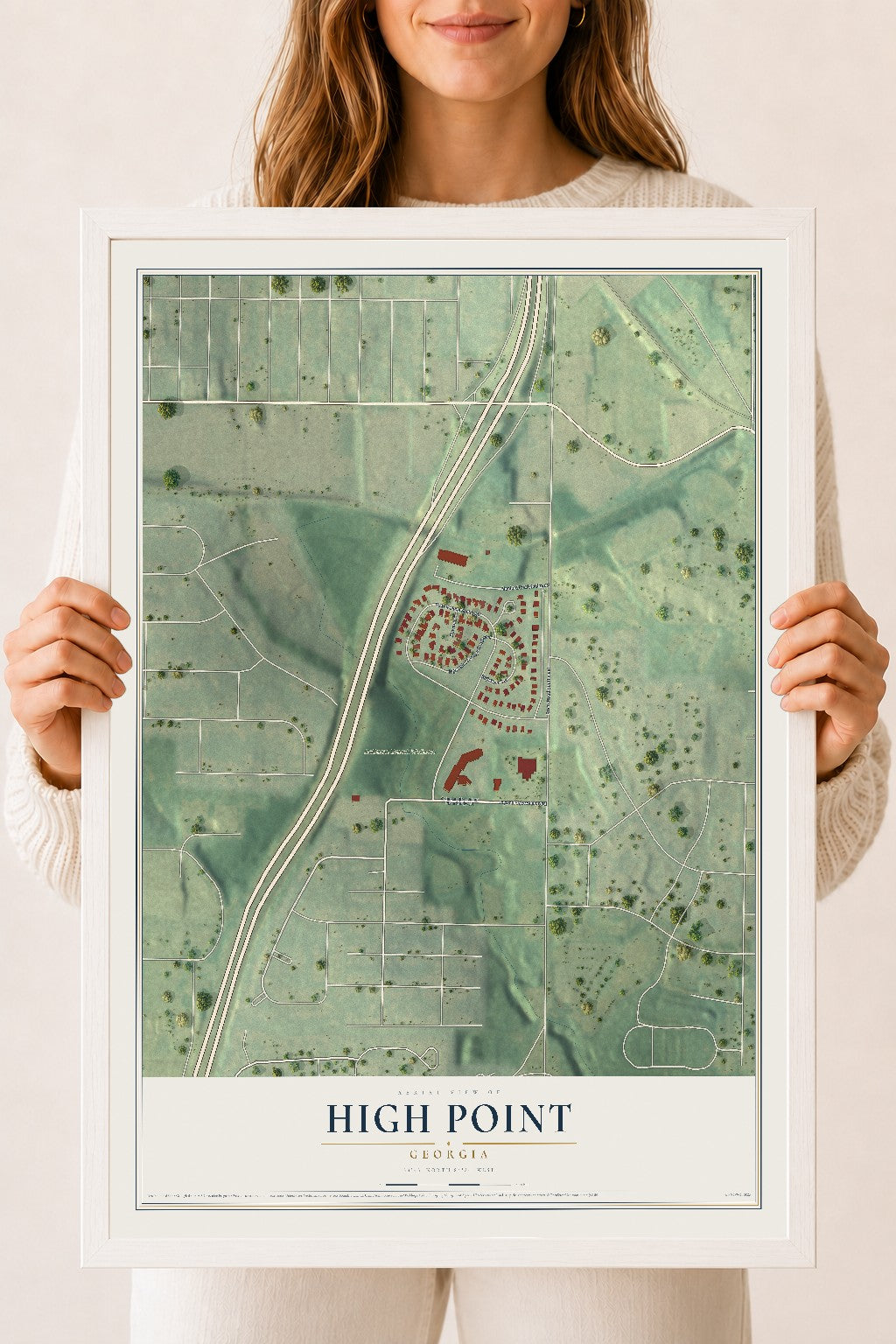 High Point, Georgia map print, 18" x 24" W/ White Ayous Wood Frame mockup