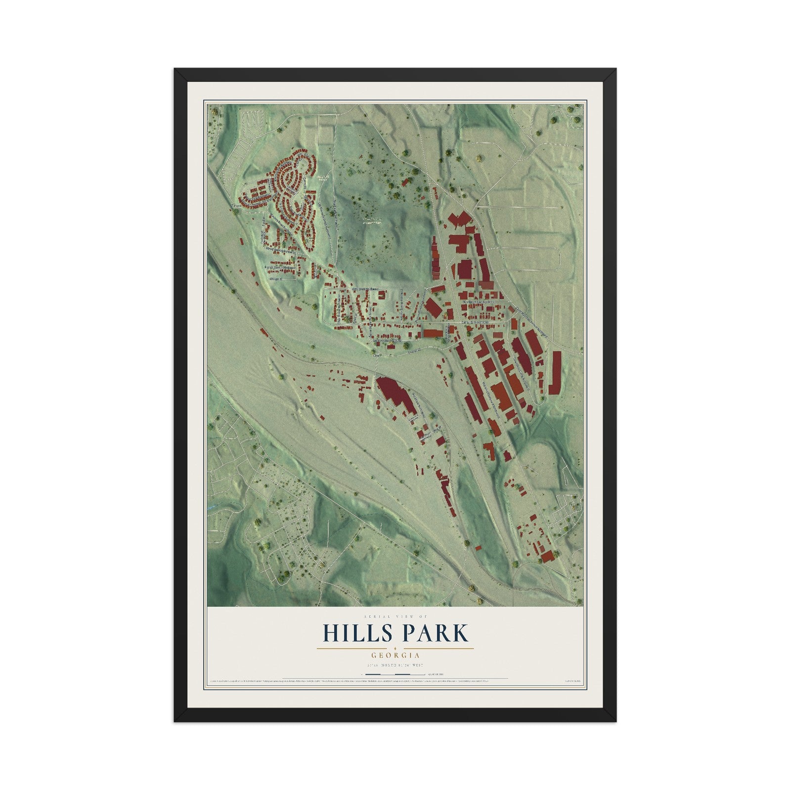 Hills Park, Georgia map print, 12" x 18" W/ Black Ayous Wood Frame mockup