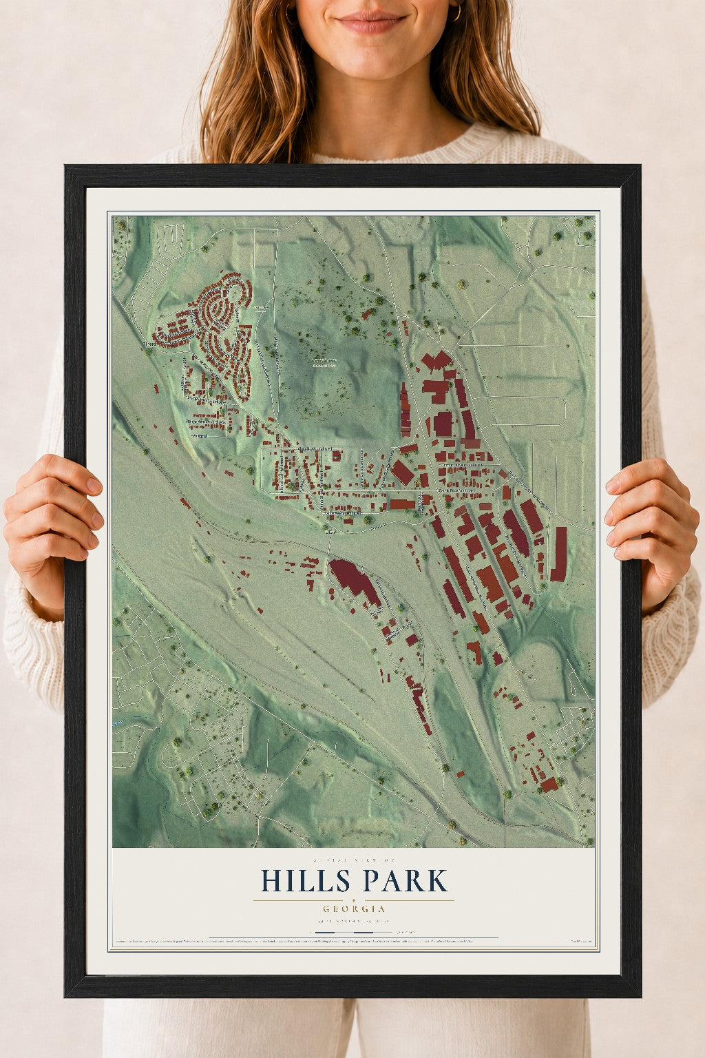 Hills Park, Georgia map print, 18" x 24" W/ Black Ayous Wood Frame mockup