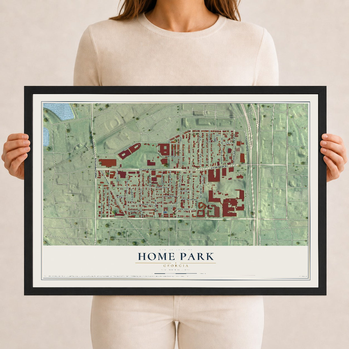 Home Park, Georgia map print, 12" x 18" W/ Black Ayous Wood Frame mockup
