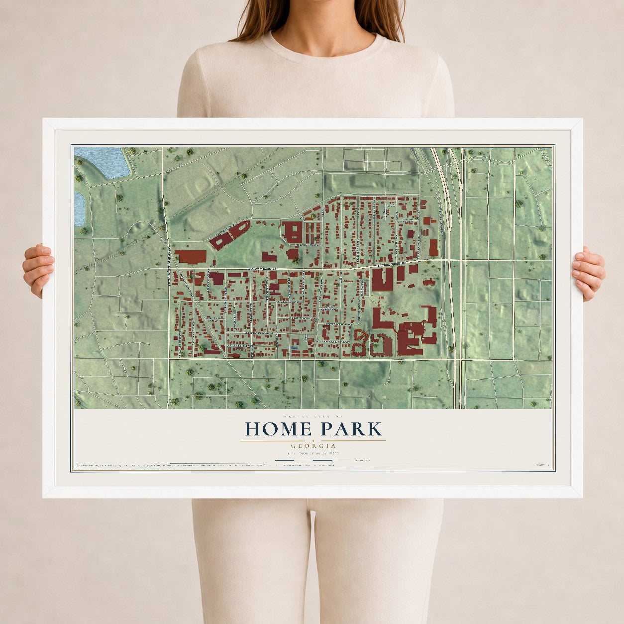 Home Park, Georgia map print, 24" x 36" W/ White Ayous Wood Frame mockup