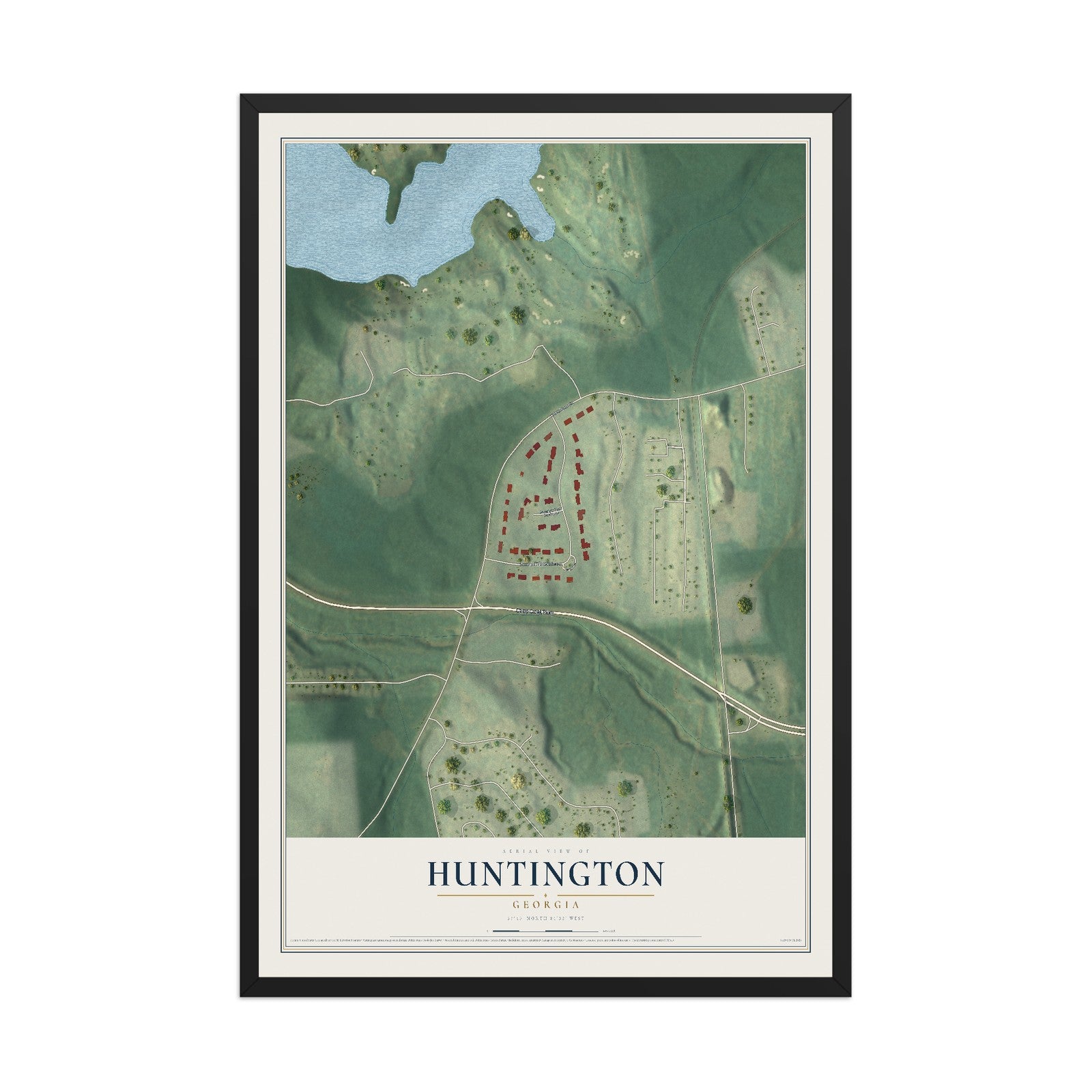 Huntington, Georgia map print, 12" x 18" W/ Black Ayous Wood Frame mockup