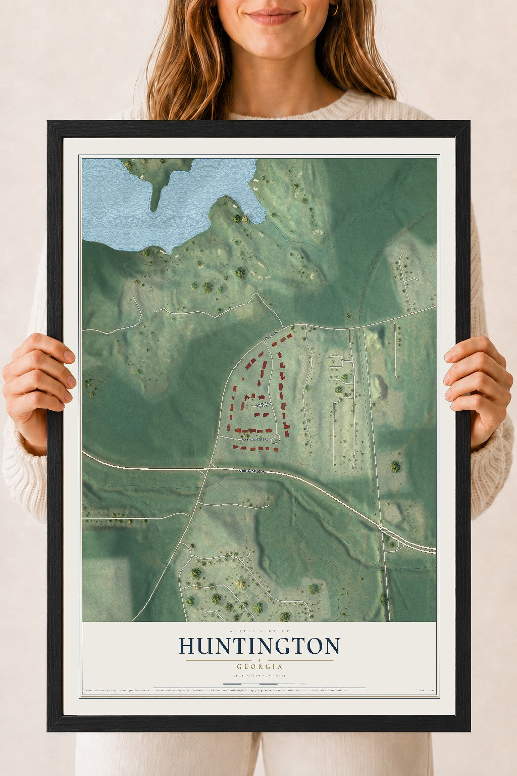 Huntington, Georgia map print, 18" x 24" W/ Black Ayous Wood Frame mockup