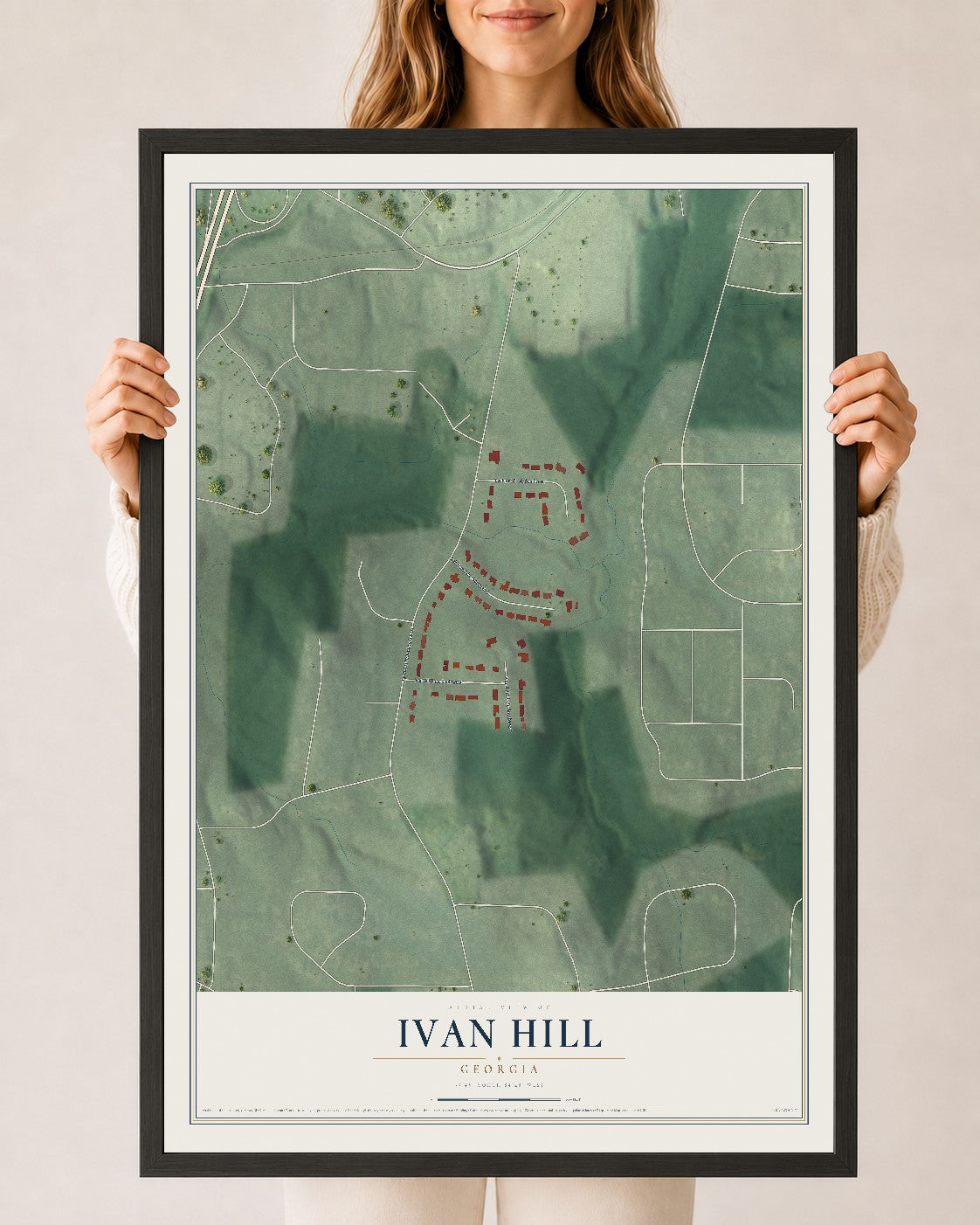 Ivan Hill, Georgia map print, 24" x 36" W/ Black Ayous Wood Frame mockup