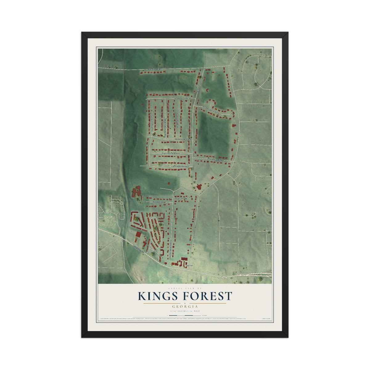Kings Forest, Georgia map print, 12" x 18" W/ Black Ayous Wood Frame mockup