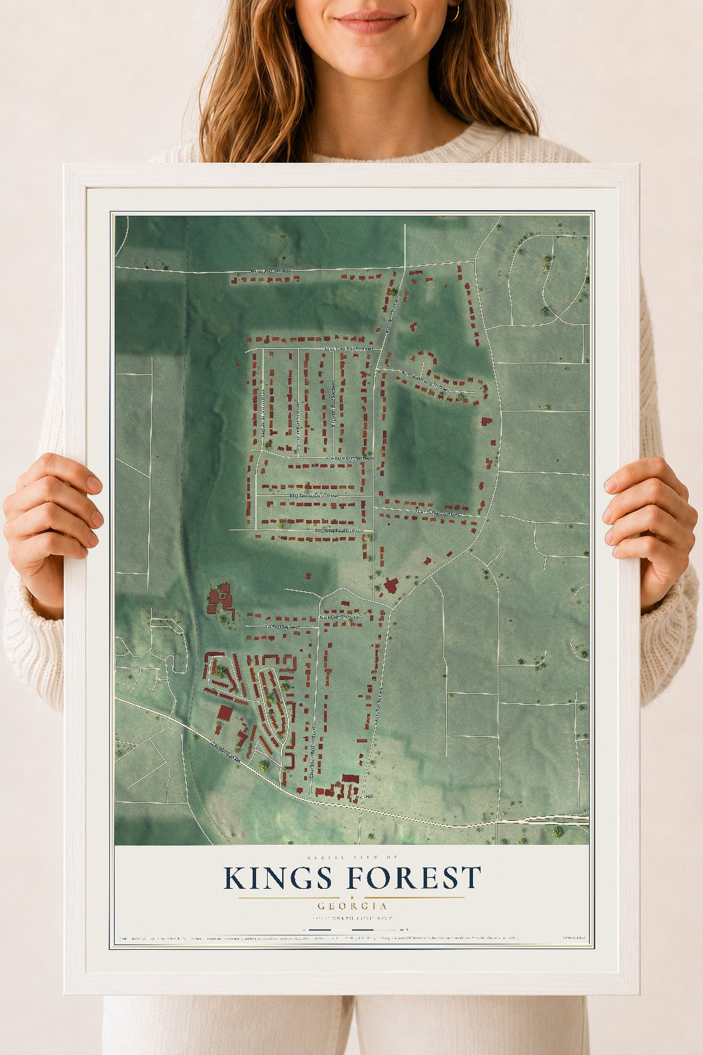 Kings Forest, Georgia map print, 18" x 24" W/ White Ayous Wood Frame mockup