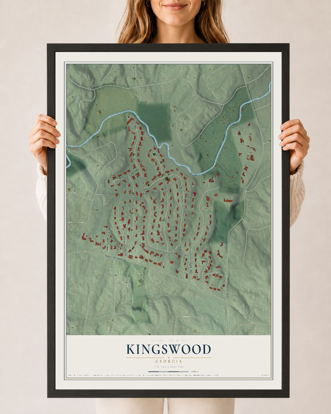 Kingswood, Georgia map print, 24" x 36" W/ Black Ayous Wood Frame mockup