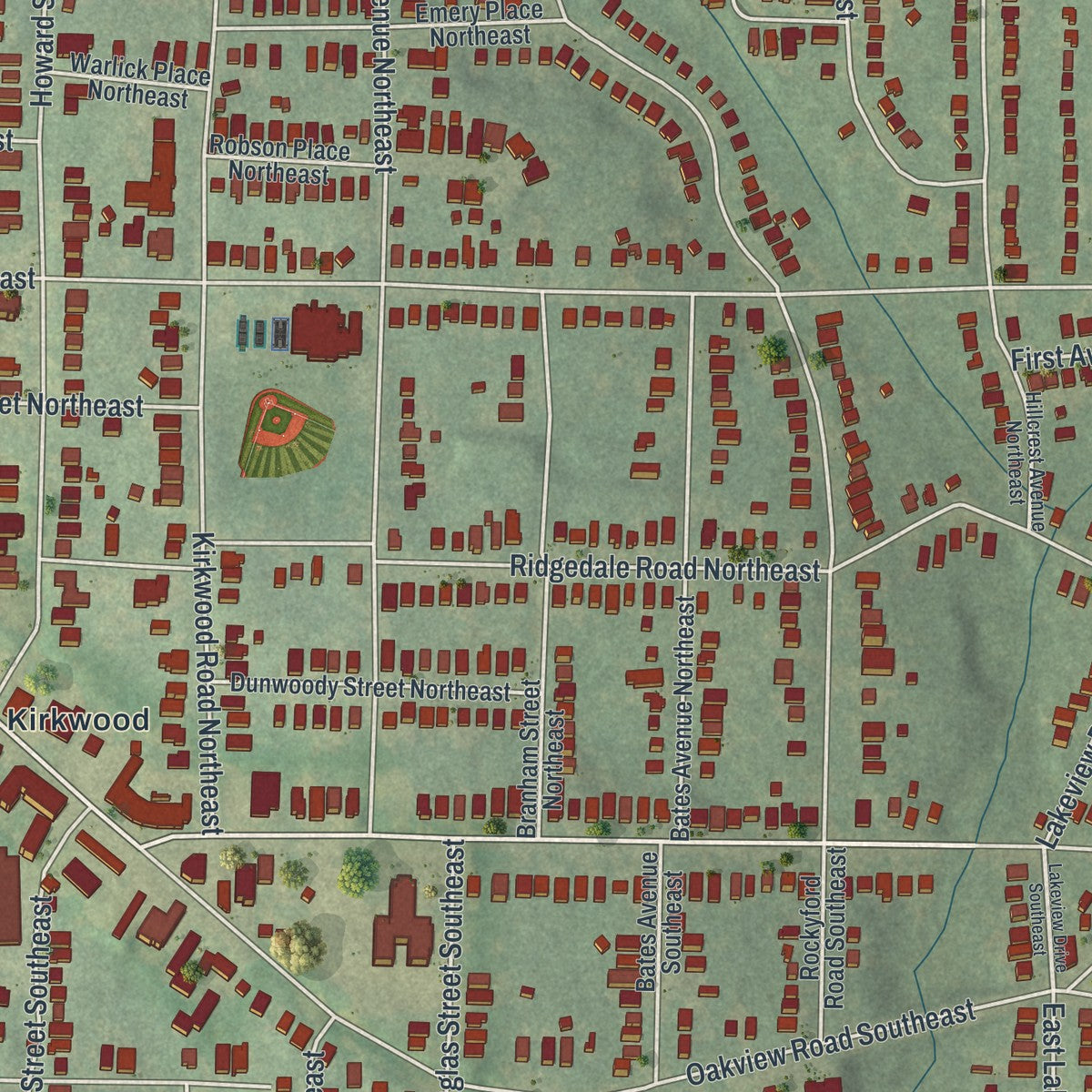 Close-up 1 of the Kirkwood, Georgia map artwork