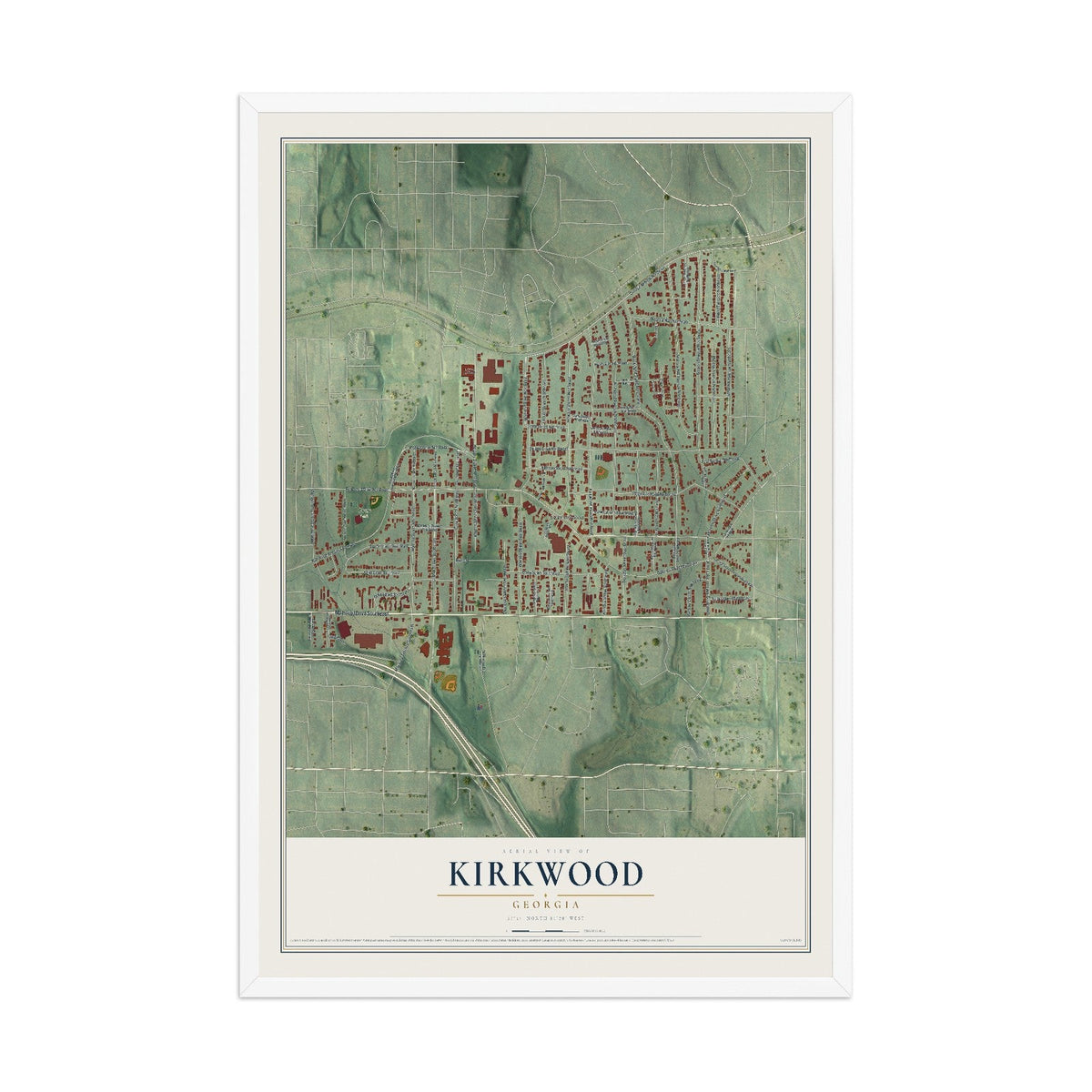 Map of Kirkwood, Georgia, 12 x 18 inch print in a white wood frame