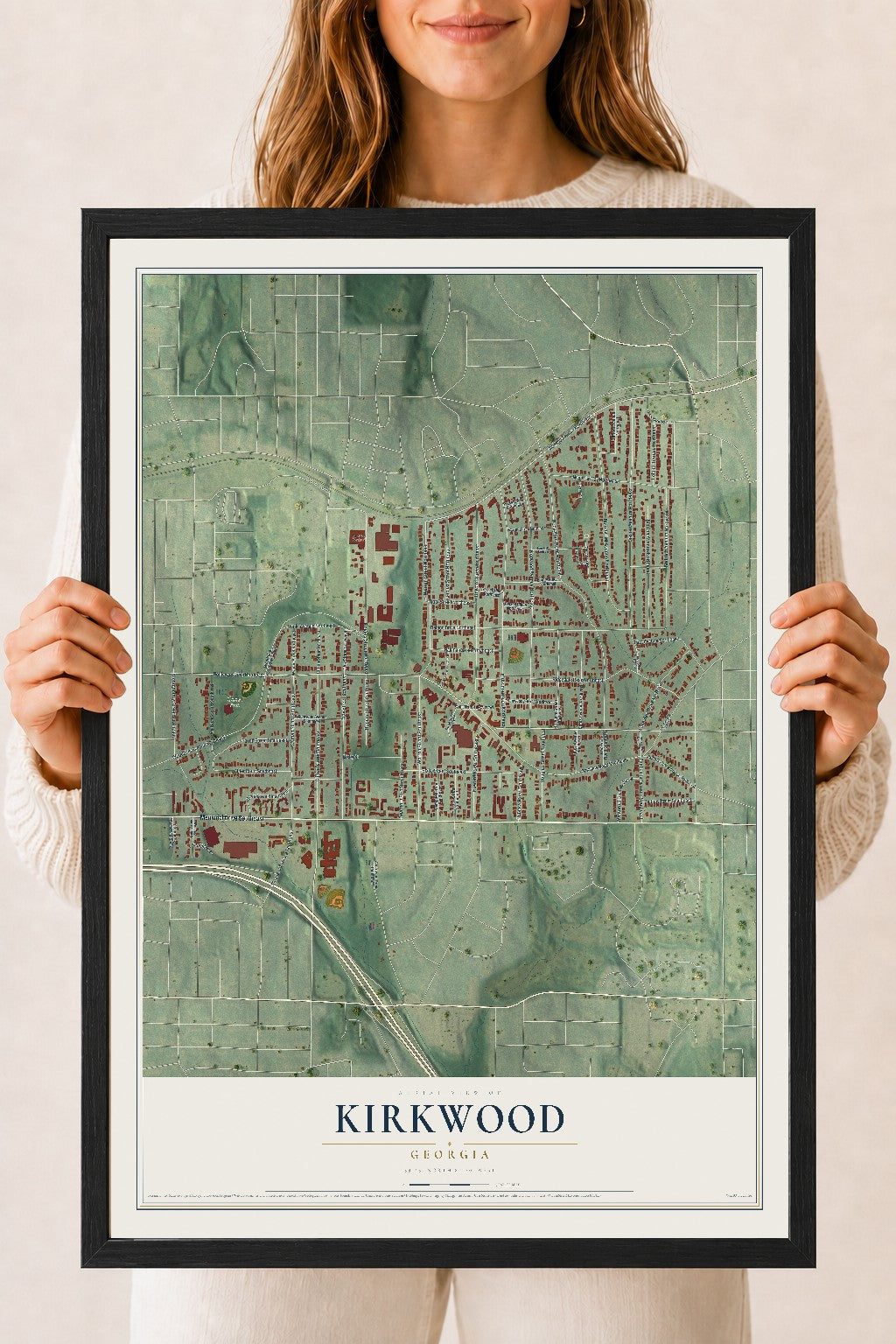 Kirkwood, Georgia map print, 18" x 24" W/ Black Ayous Wood Frame mockup