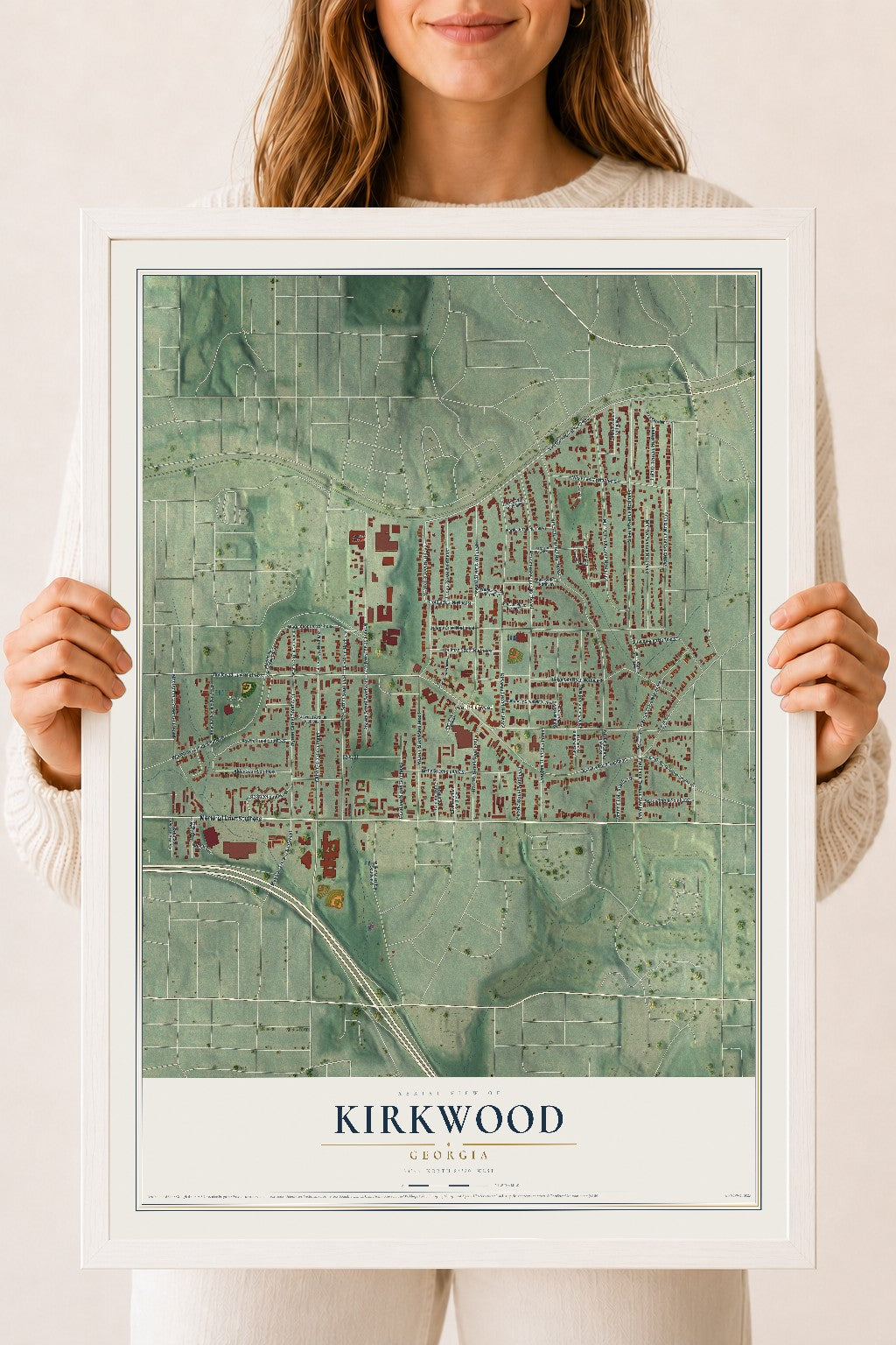Kirkwood, Georgia map print, 18" x 24" W/ White Ayous Wood Frame mockup