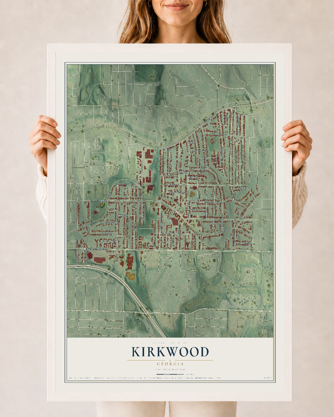 Kirkwood, Georgia map print, 24" x 36" W/ White Ayous Wood Frame mockup