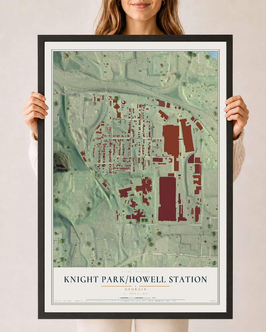 Knight Park-Howell Station, Georgia map print, 24" x 36" W/ Black Ayous Wood Frame mockup