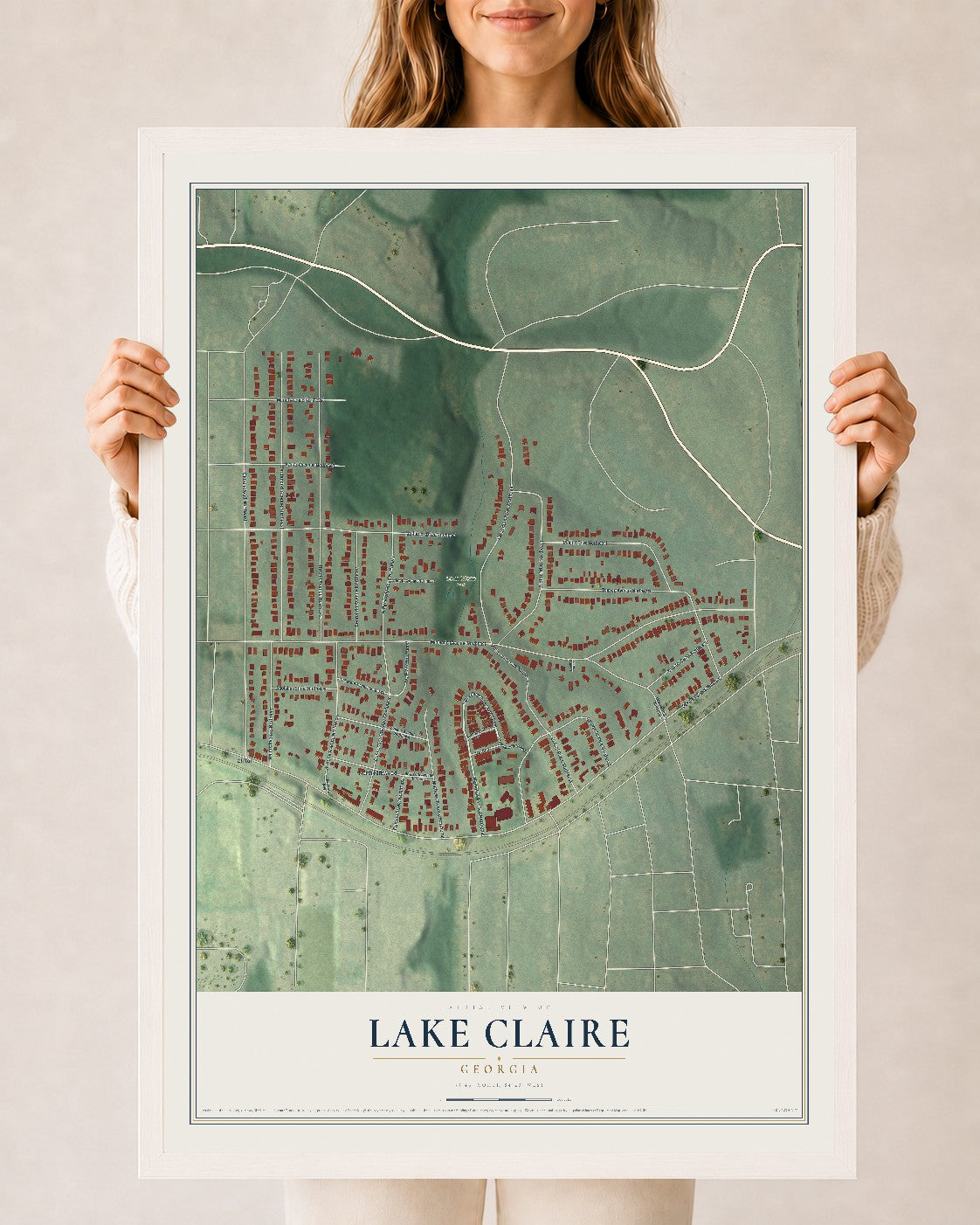 Lake Claire, Georgia map print, 24" x 36" W/ White Ayous Wood Frame mockup