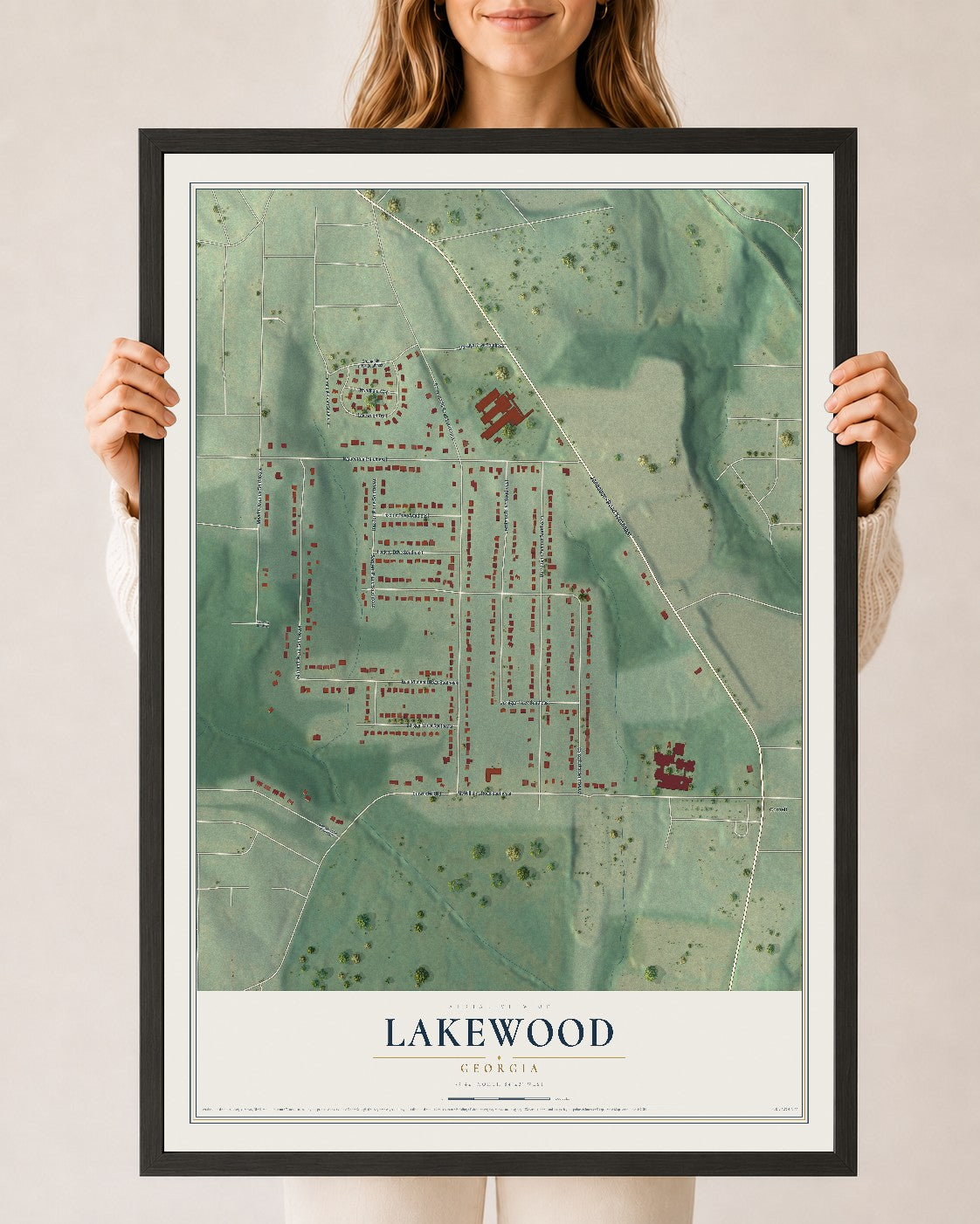 Lakewood, Georgia map print, 24" x 36" W/ Black Ayous Wood Frame mockup