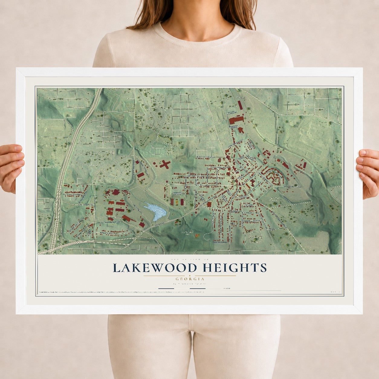 Lakewood Heights, Georgia map print, 18" x 24" W/ White Ayous Wood Frame mockup