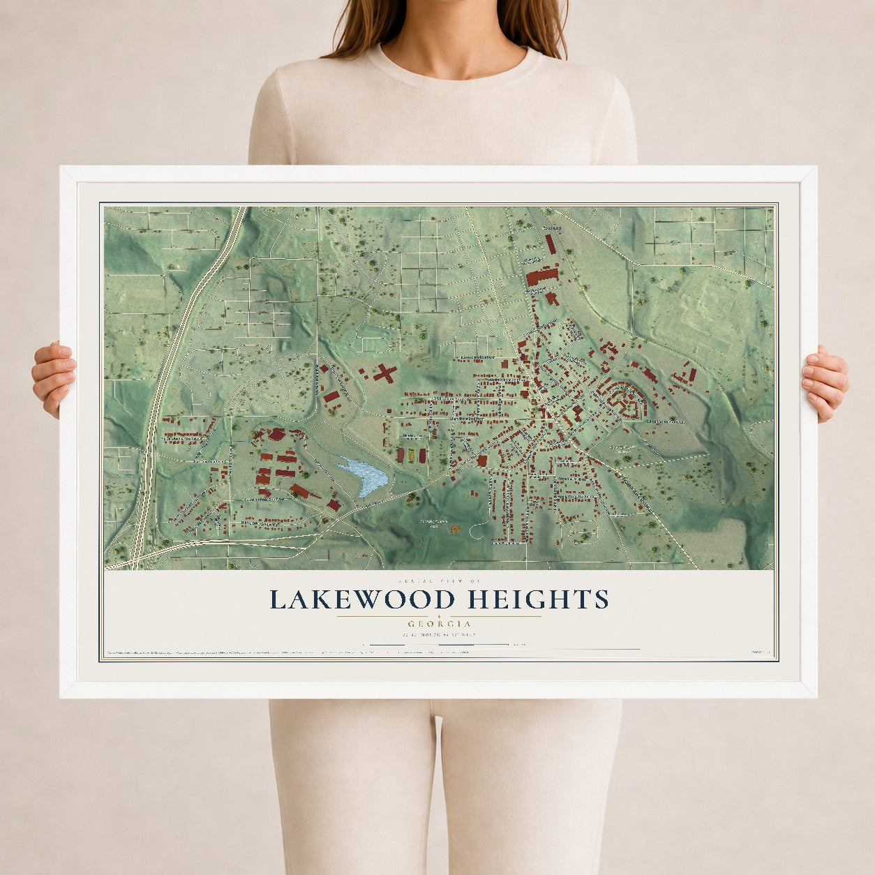 Lakewood Heights, Georgia map print, 24" x 36" W/ White Ayous Wood Frame mockup
