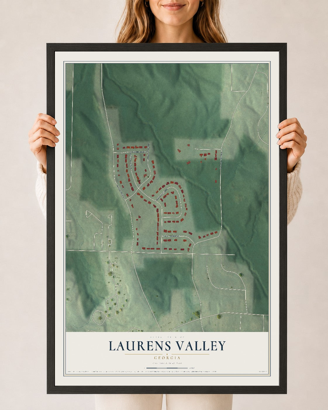 Laurens Valley, Georgia map print, 24" x 36" W/ Black Ayous Wood Frame mockup