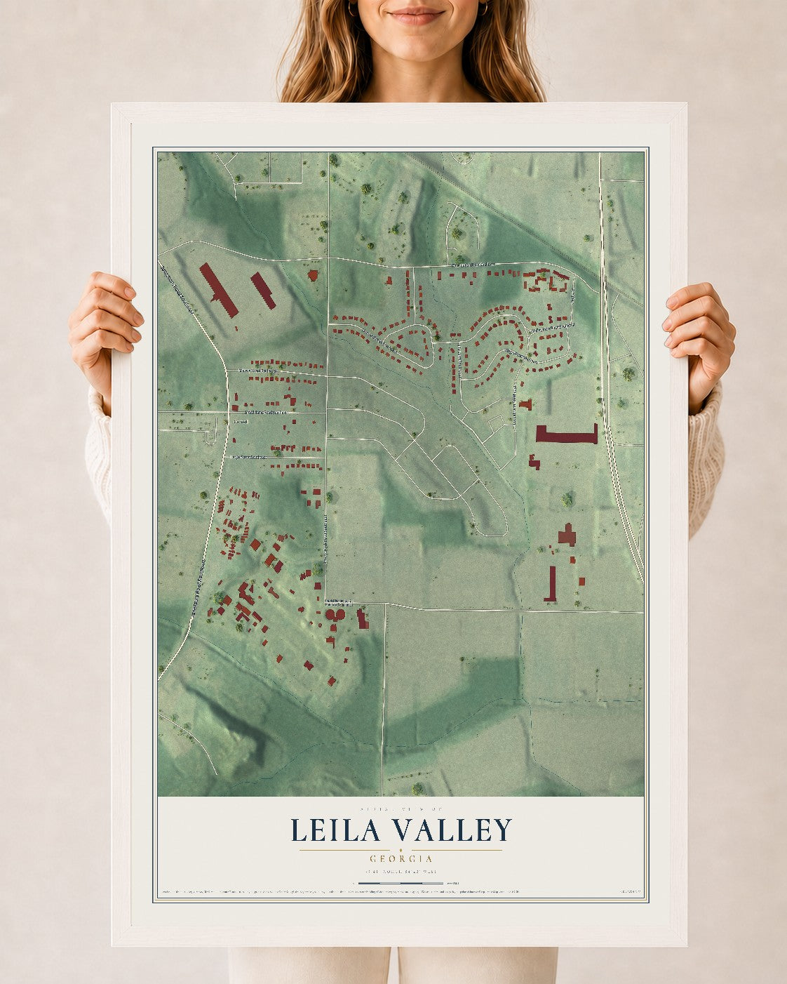 Leila Valley, Georgia map print, 24" x 36" W/ White Ayous Wood Frame mockup