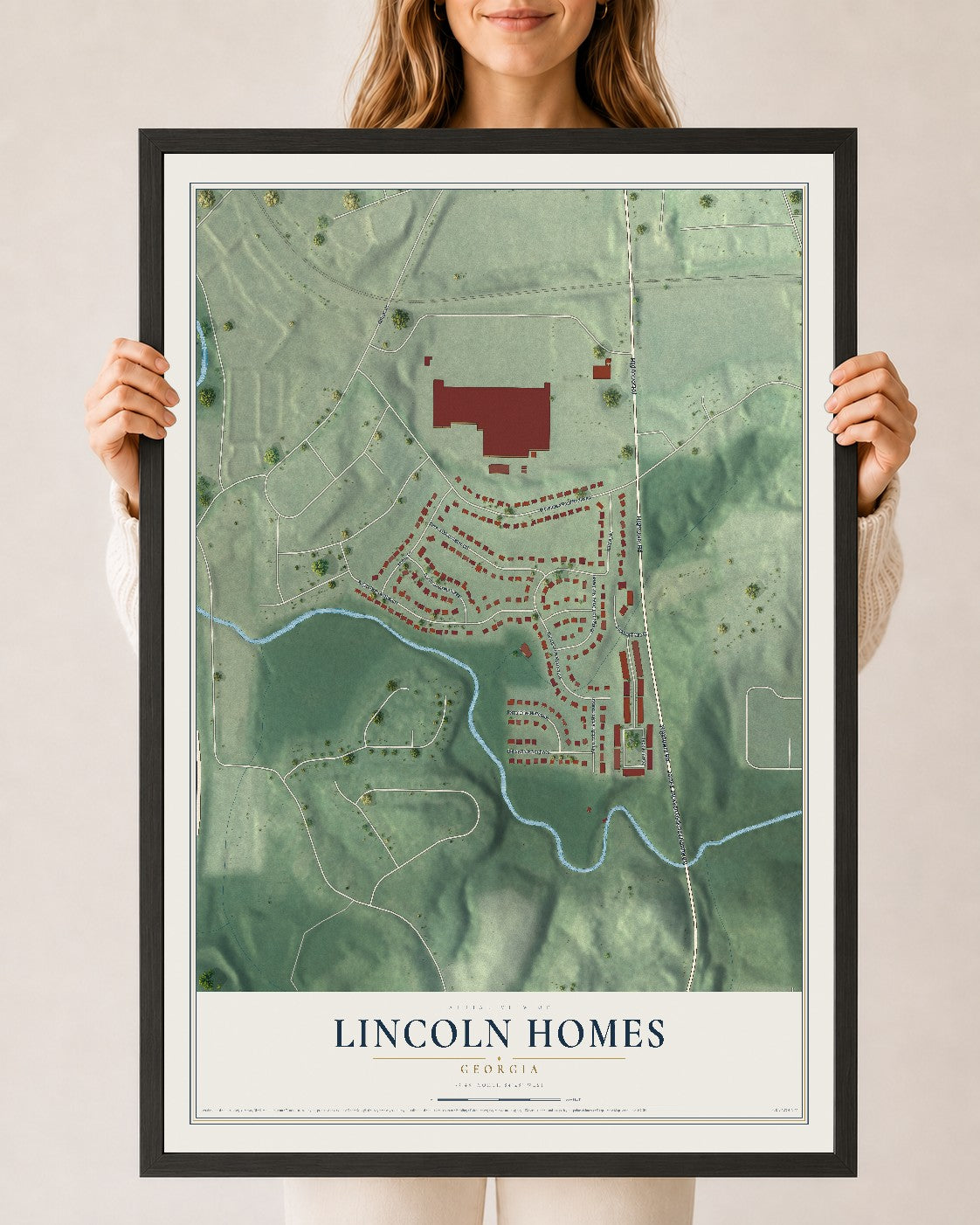 Lincoln Homes, Georgia map print, 24" x 36" W/ Black Ayous Wood Frame mockup