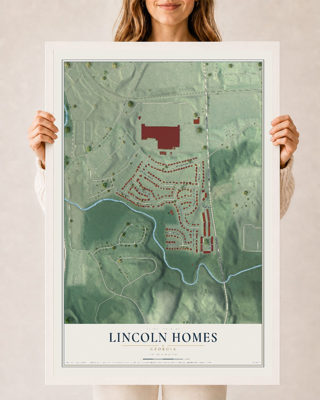 Lincoln Homes, Georgia map print, 24" x 36" W/ White Ayous Wood Frame mockup