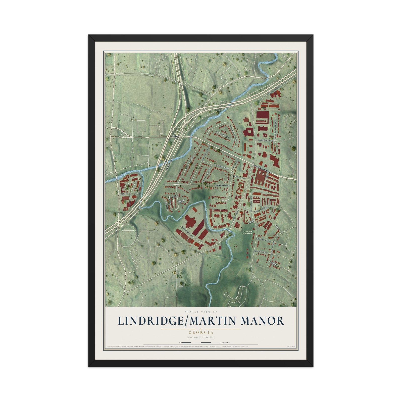 Lindridge-Martin Manor, Georgia map print, 12" x 18" W/ Black Ayous Wood Frame mockup