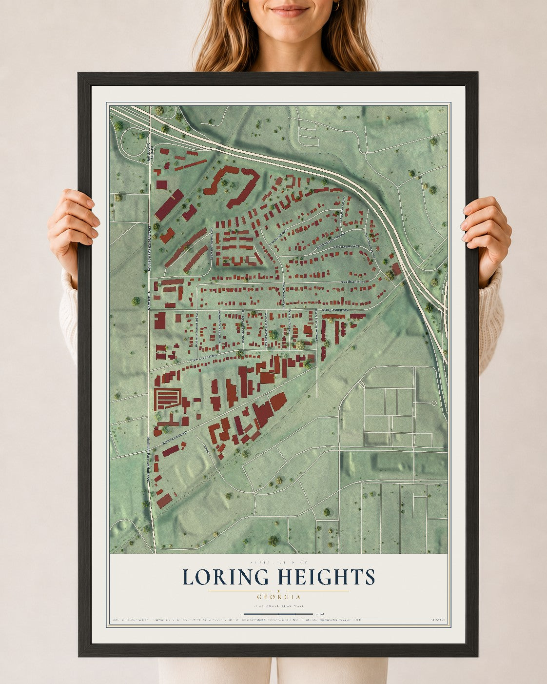 Loring Heights, Georgia map print, 24" x 36" W/ Black Ayous Wood Frame mockup