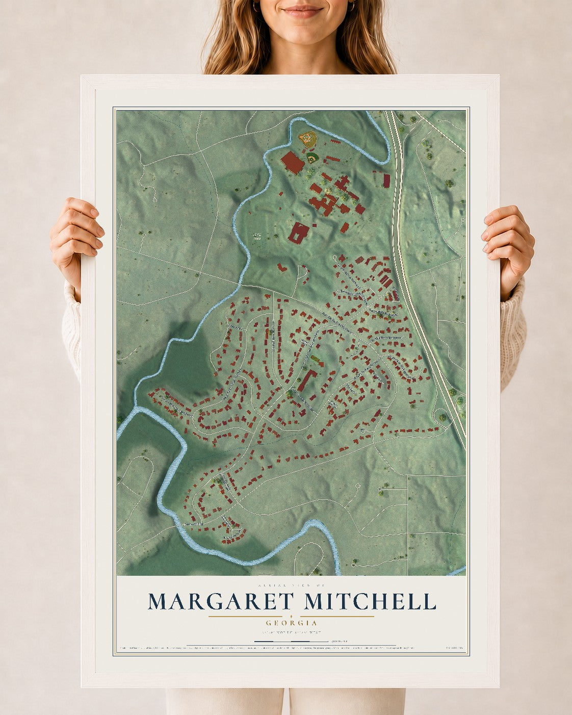 Margaret Mitchell, Georgia map print, 24" x 36" W/ White Ayous Wood Frame mockup