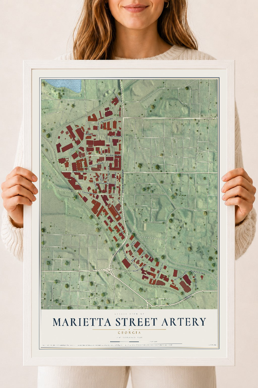 Marietta Street Artery, Georgia map print, 18" x 24" W/ White Ayous Wood Frame mockup