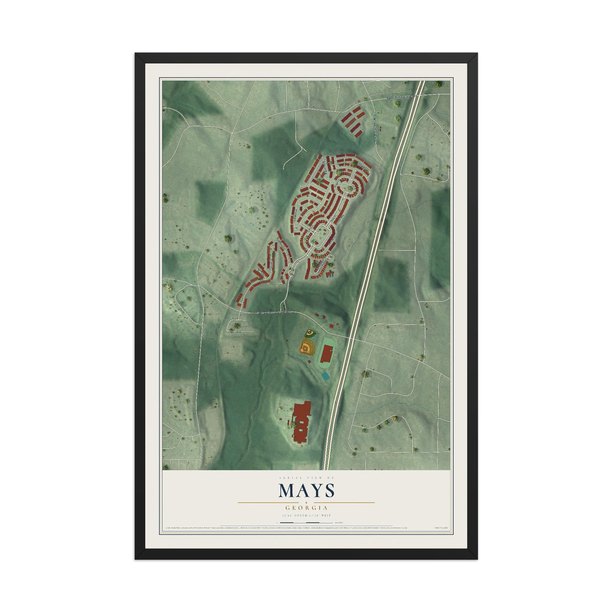 Mays, Georgia map print, 12" x 18" W/ Black Ayous Wood Frame mockup
