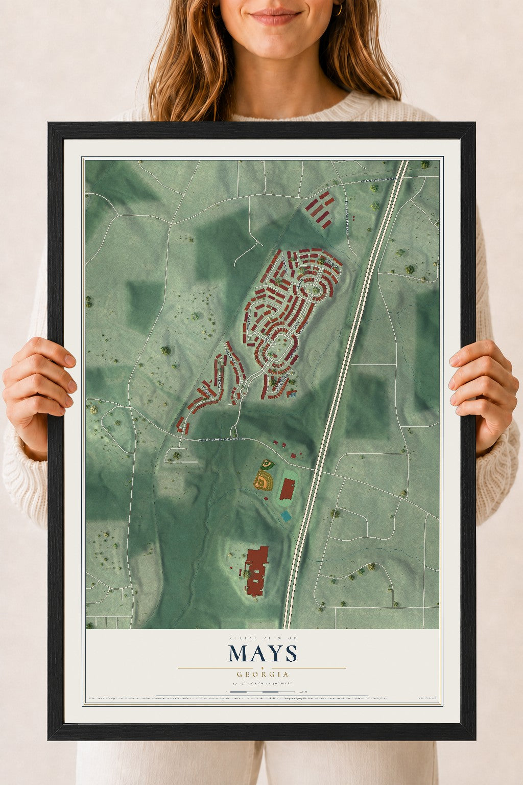 Mays, Georgia map print, 18" x 24" W/ Black Ayous Wood Frame mockup