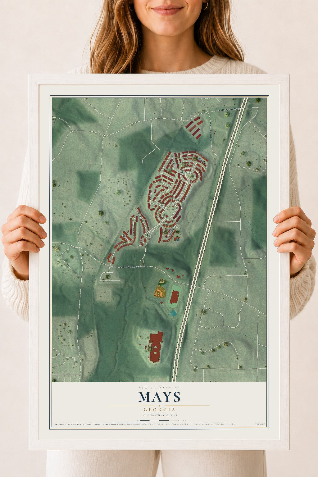 Mays, Georgia map print, 18" x 24" W/ White Ayous Wood Frame mockup