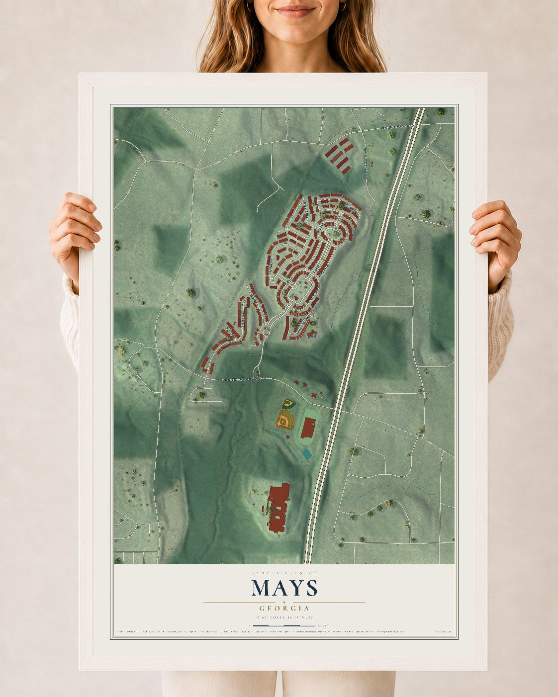 Mays, Georgia map print, 24" x 36" W/ White Ayous Wood Frame mockup