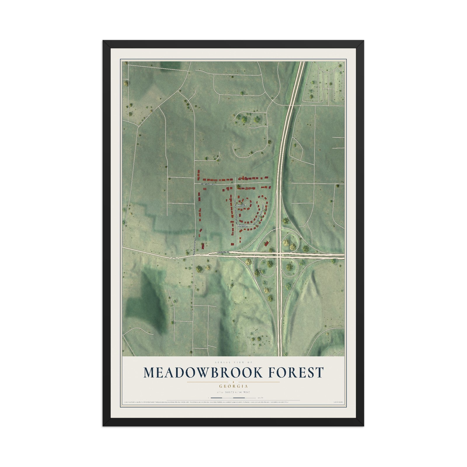 Meadowbrook Forest, Georgia map print, 12" x 18" W/ Black Ayous Wood Frame mockup