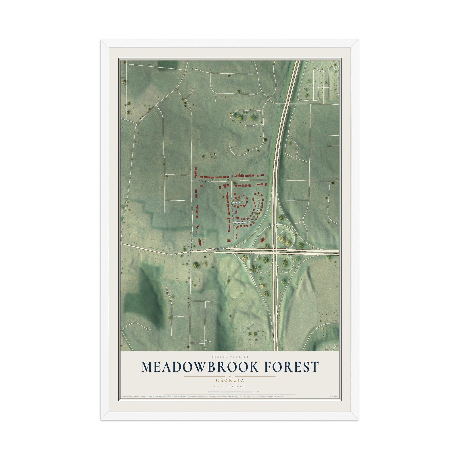 Meadowbrook Forest, Georgia map print, 12" x 18" W/ White Ayous Wood Frame mockup