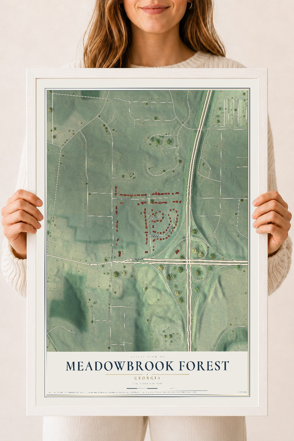 Meadowbrook Forest, Georgia map print, 18" x 24" W/ White Ayous Wood Frame mockup