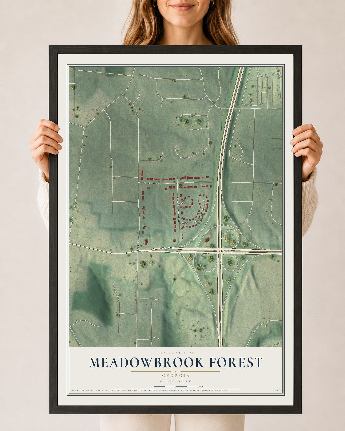 Meadowbrook Forest, Georgia map print, 24" x 36" W/ Black Ayous Wood Frame mockup