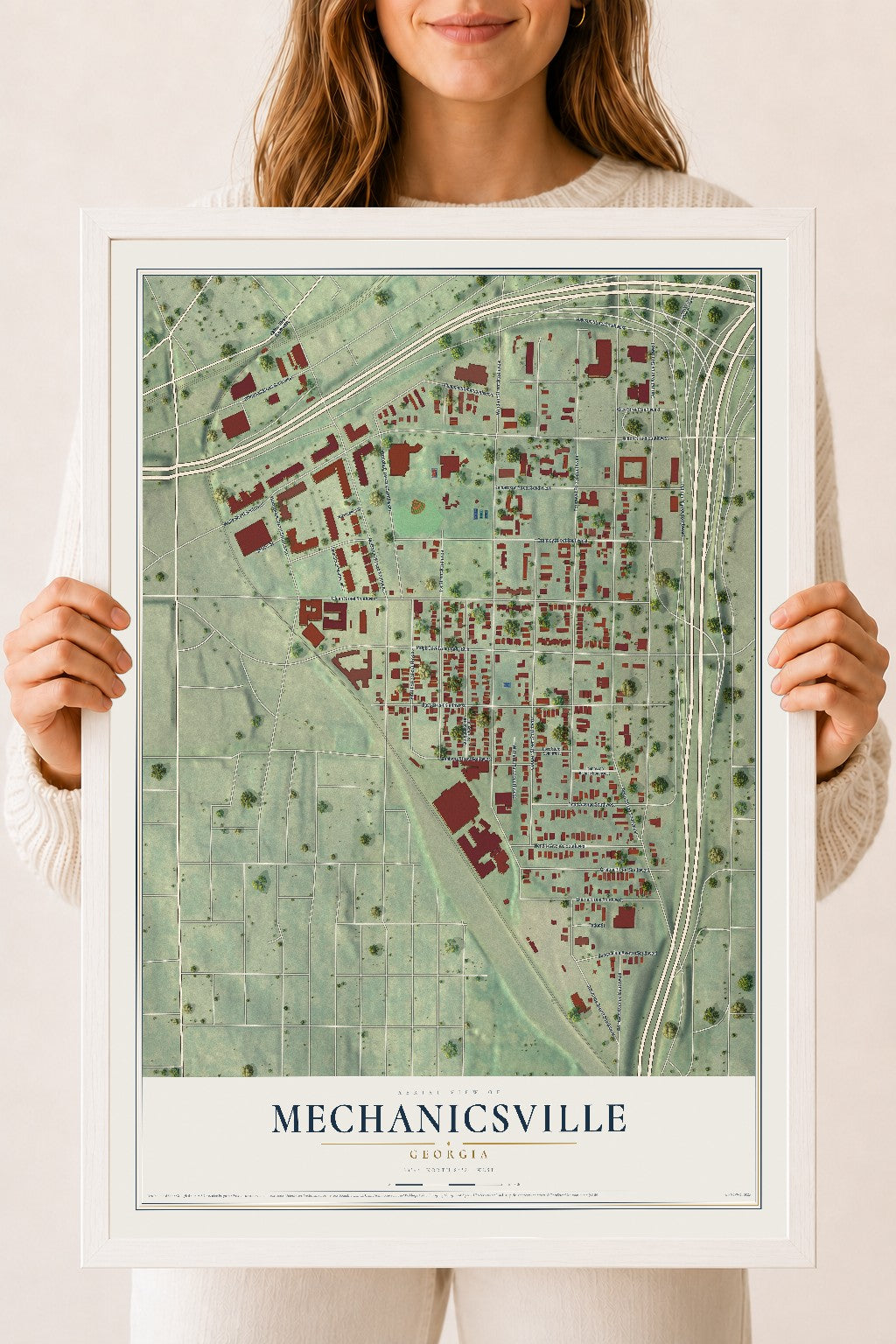 Mechanicsville, Georgia map print, 18" x 24" W/ White Ayous Wood Frame mockup